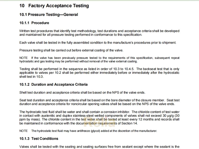 API 6D Valve Pressure Test Specifications