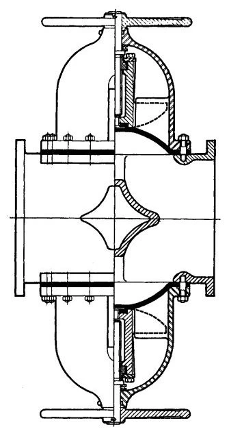 Figure 3-95. Diaphragm Valve, Weir Type, with Double-Bonnet Assembly in Connection with Large Valve Sizes. (Courtesy of Saunders Valve Company Limited.)