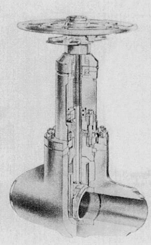 Figure 3-42. Forged Wedge Gate Valve with Pressure-Sealed Bonnet, Incorporating Flexible Wedge with Hard Faced Grooves Sliding on Machined Body Ribs.