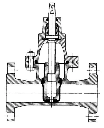 Figure 3-44. Rubber-Seated Wedge Gate Valve without Cavity in Bottom of Valve Body.