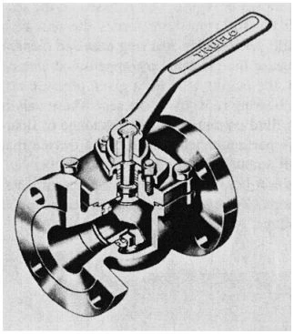 Figure 3-65. Ball Valve with Trunnion-Supported Ball and Wedge Seats Forced into the Valve Body by the Bonnet, with One-Piece Top-Entry Body.