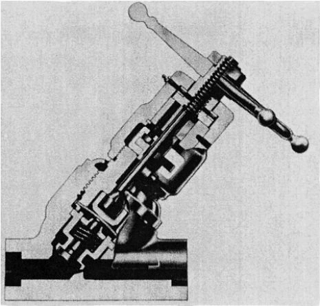 Figure 3-7. Globe Valve, Oblique Pattern, Screwed-in and Seal-Welded Bonnet, External Screw, Plug Disc, with Domed Diaphragm St Seal and Auxiliary Compression Packing for Nuclear Application